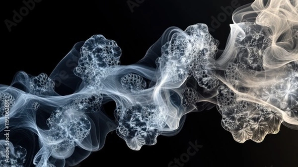 Fototapeta Abstract smoke forming intricate floral patterns on black background