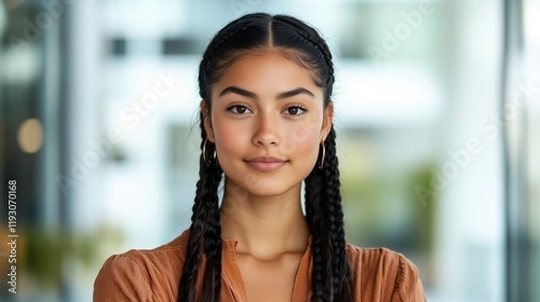 Obraz Portrait of beautiful Latin woman with black braids wearing casual attire standing in modern office