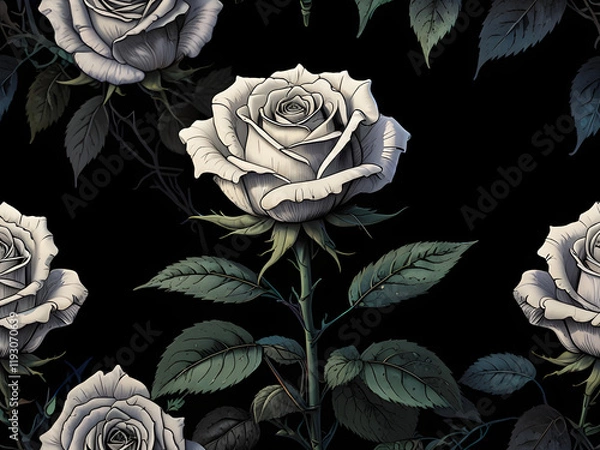 Fototapeta Little open White rose in prospective , background is dark, black 8k, copy the comic style of comic artist with emphasis on dark lines, dark tones, dark gritty
