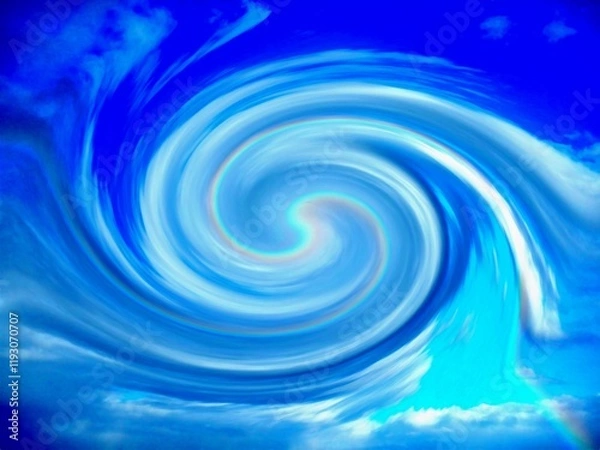 Obraz Abstract blue and white sky background with clouds and colorful arc of rainbow in motion and vortex. Composition in topics of weather, cyclone, climate change, meteorology, wind, hurricane