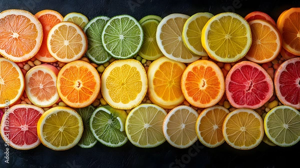 Fototapeta Vibrant Citrus Fruit Slices Arranged in a Colorful Pattern