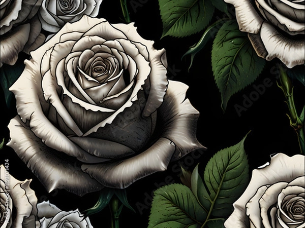 Fototapeta Little open White rose in prospective , background is dark, black 8k, copy the comic style of comic artist with emphasis on dark lines, dark tones, dark gritty