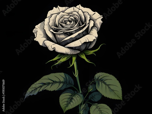 Fototapeta Little open White rose in prospective , background is dark, black 8k, copy the comic style of comic artist with emphasis on dark lines, dark tones, dark gritty