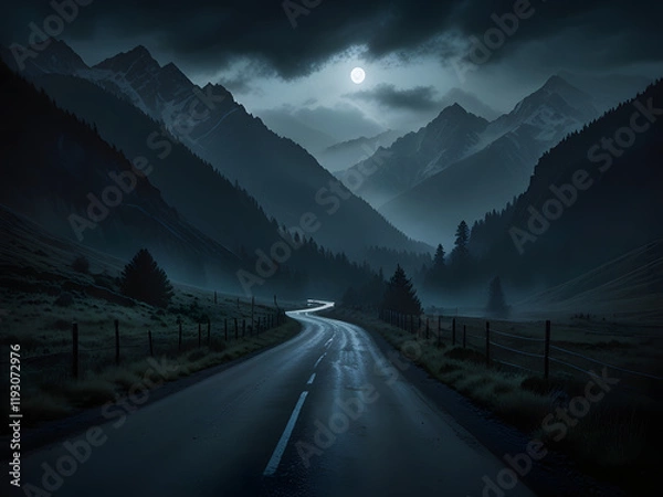 Fototapeta A winding road, shrouded in mist, stretches through a valley surrounded by towering, ominous mountains, their rugged peaks reaching towards the dark, foreboding sky, with subtle hints of moonlight