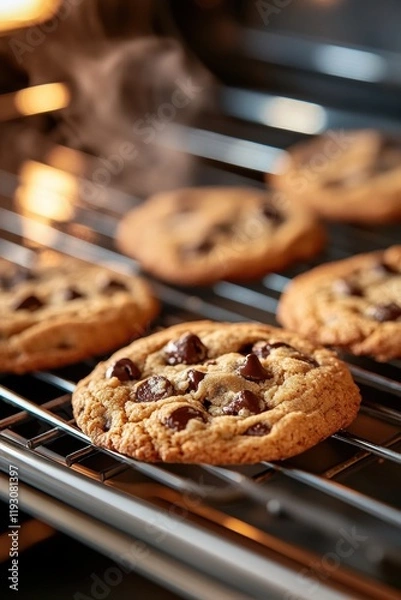 Obraz A tray of chocolate chip cookies is on a metal rack