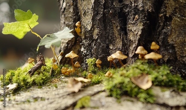 Fototapeta Tiny mushrooms and moss growing on a tree trunk in a forest.