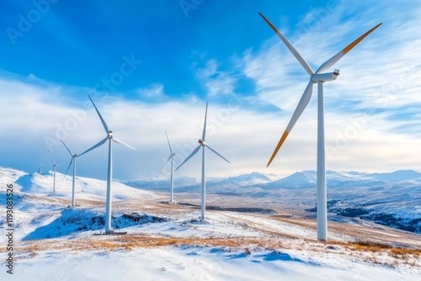 Fototapeta A wind farm in the distance, with high-voltage transmission lines connecting to a substation nearby