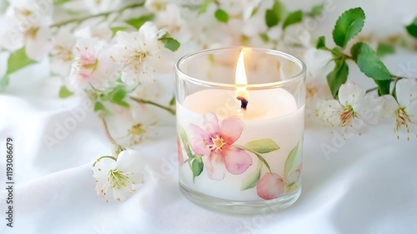Fototapeta Watercolor candle with a charming floral arrangement, displayed on a clean white backdrop, captured in high definition.
