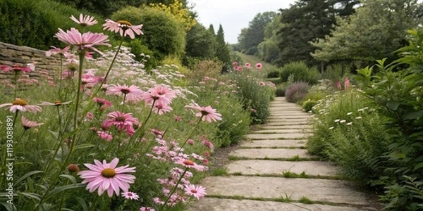 Fototapeta A garden path lined with pink daisies and wildflowers leads to a serene and peaceful atmosphere., floral arrangement, peaceful, botanical, outdoor, beautiful pink flowers