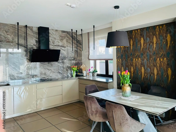 Obraz Modern luxury kitchen interior in minimal scandinavian style, 3d render