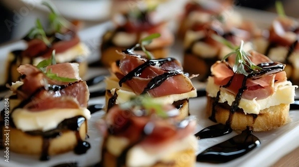 Fototapeta Delicious Appetizers With Prosciutto Cheese And Balsamic Glaze