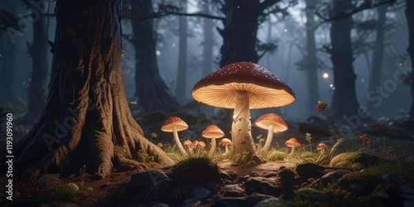Fototapeta A group of glowing mushrooms grow in a ring around the base of a tree on a distant planet, plant life, distant planet scenes