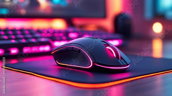 Fototapeta A close-up of a premium gaming mouse on a textured mouse pad, with its RGB lighting glowing in vibrant colors.