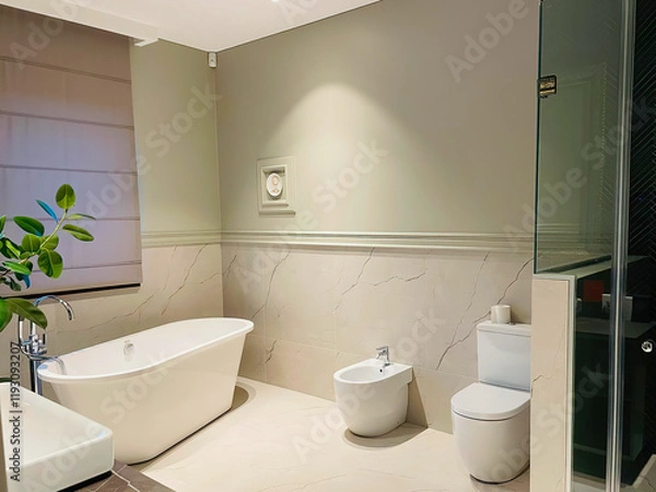 Obraz Modern bathroom interior in minimal scandinavian style, 3d render