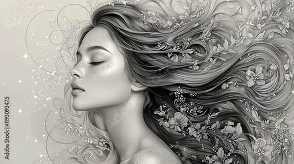 Obraz A serene grayscale portrait of a European woman with flowing, detailed hair decorated with floral and leaf elements, gazing softly in profile with closed eyes