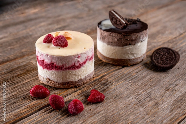 Obraz Mini raspberry and chocolate cheesecakes with cookie base on a rustic wooden table