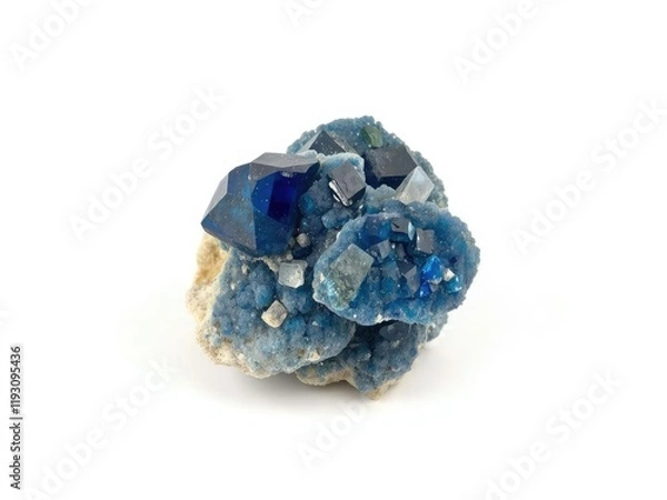 Fototapeta A close-up shot of mineral corundum in deep blue shade, set against a plain white background, smooth, geology, mineral