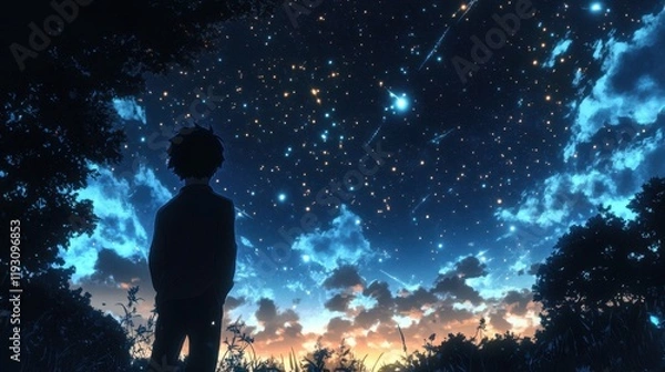 Fototapeta Very detailed, realistic, a man is staring at the night sky full of beautiful stars and comets 
