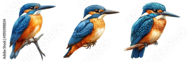 Obraz Three Vibrant Kingfishers, perched on thin branches, bright blue and orange plumage, white background. Isolated on white background or PNG