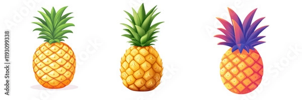 Obraz Three colorful pineapples evolution, vibrant hues, artistic design, white background, showcasing playful creativity Isolated on white background or PNG