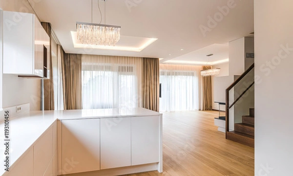 Obraz Modern luxury kitchen interior in minimal scandinavian style, 3d render