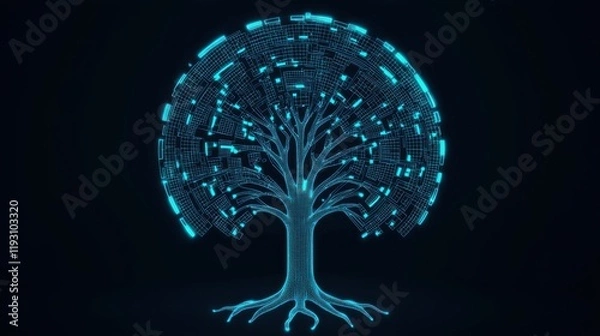 Fototapeta A futuristic tree design with glowing blue elements, symbolizing technology and nature's connection in a digital world.