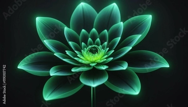 Fototapeta 3D render, abstract luminous flower with neon green petals in dark mist