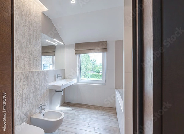 Obraz Modern bathroom interior in minimal scandinavian style, 3d render