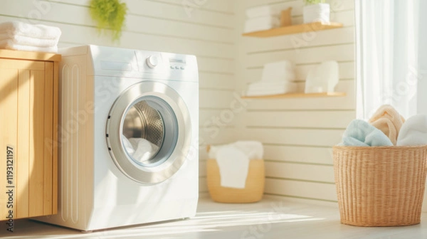 Fototapeta Modern laundry room with washing machine and neatly arranged towels in soft sunlight.