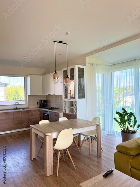 Obraz Modern luxury kitchen interior in minimal scandinavian style, 3d render