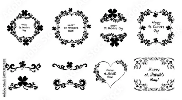 Fototapeta Set of Vintage St. Patrick`s day frames. Celebration background with clover and place for your text. Decoration set - lots of calligraphic elements. Beer festival lettering typography icon.  