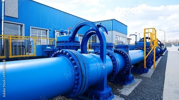 Fototapeta Industrial Blue Pipeline System: Modern Water Infrastructure