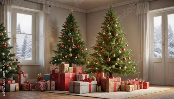 Obraz A Christmas tree with multiple presents underneath, pile, arrangement, decorative
