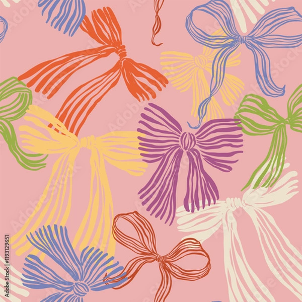 Fototapeta Vector colorful bows seamless pattern. Hand-drawn gift bow isolated on pink background. Holiday illustration for design, print, fabric or background.