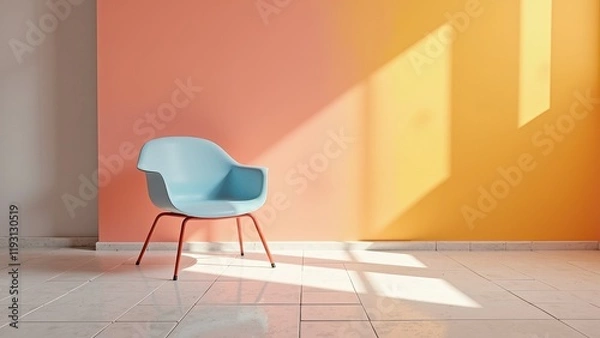 Fototapeta A chic light blue molded plastic armchair with striking red metal legs sits elegantly against a vibrant backdrop of orange and coral walls, subtly lit by shadows dancing across its form