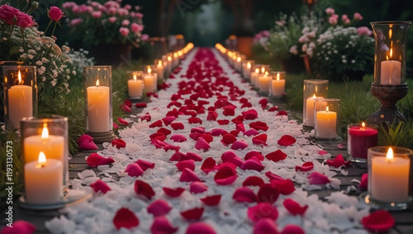 Fototapeta Romantic Pathway Lined with Rose Petals and Candles