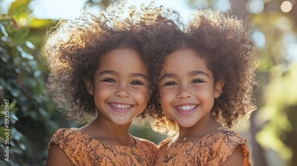 Fototapeta An adorable set of attractive twins in matching outfits, smiling together in a playful outdoor setting.