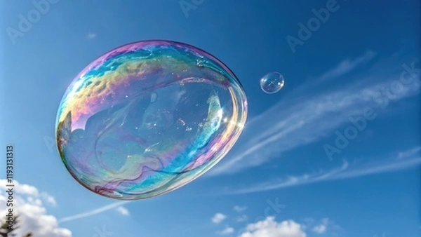 Fototapeta A colorful soap bubble captures the essence of an extraterrestrial world with its shimmering colors and swirling patterns, soap bubble, celestial atmosphere