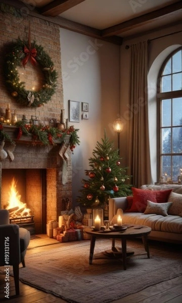 Fototapeta A cozy living room filled with the warmth and magic of Christmas, winter wonderland, twinkling lights