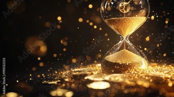 Fototapeta Golden Hourglass on a Bed of Gold Coins: Time and Wealth