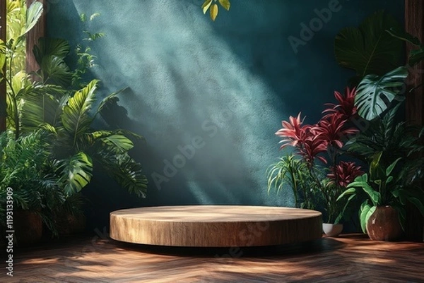 Fototapeta Minimalistic 3D Podium Scene Surrounded by Lush Greenery Against a Textured Background for Product Showcasing