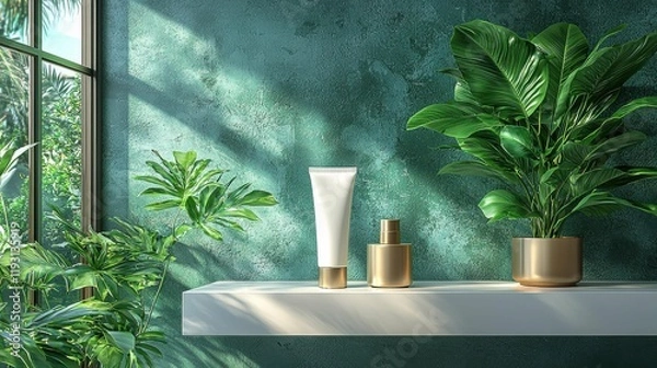 Fototapeta Two luxurious skincare products are displayed on a minimalistic shelf surrounded by lush green plants in a brightly lit space.