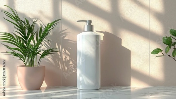 Fototapeta A minimalist skincare bottle stands elegantly beside a potted plant, showcasing a harmonious blend of beauty and nature in soft lighting.