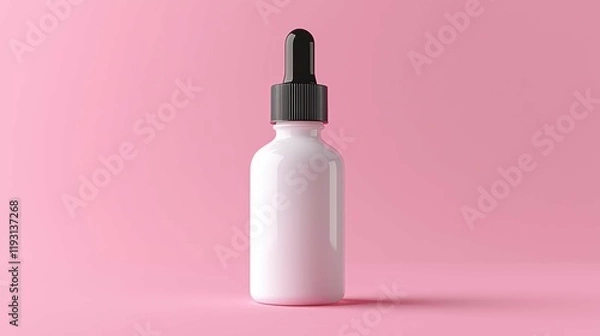 Fototapeta A minimalist white dropper bottle on a soft pink background, ideal for beauty or skincare product branding. Reflects luxury and elegant design.