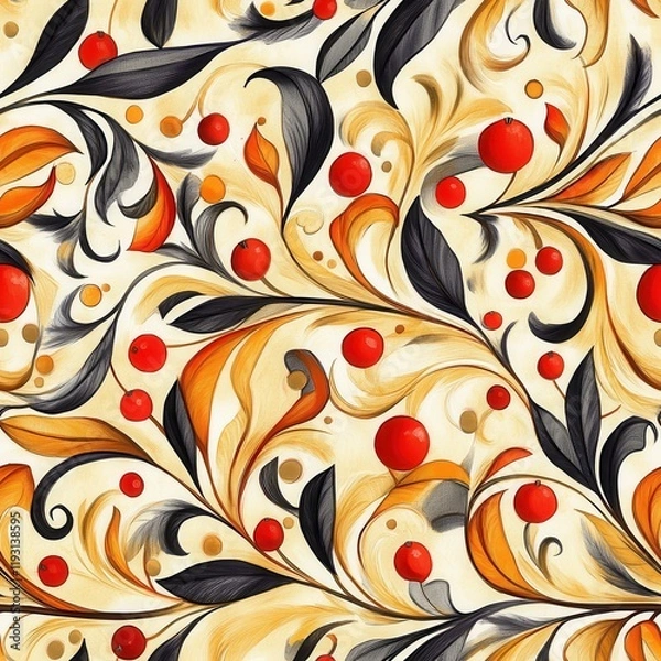 Fototapeta Intricate watercolor doodle pattern with Khokhloma-inspired gold leaves and vibrant red berries on a soft background