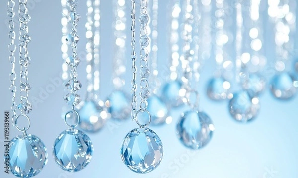 Obraz Crystal chains with faceted beads hanging against a soft blue backdrop, ideal for luxury or elegance themes