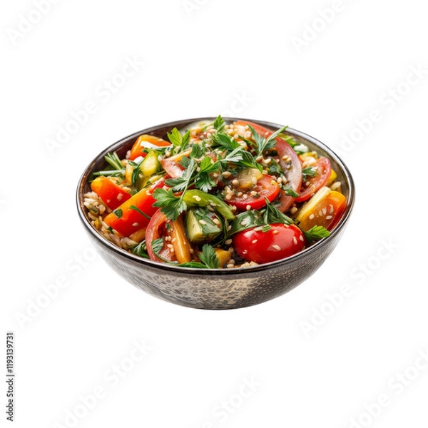 Obraz Salad Bowl: A vibrant and inviting shot of a colorful fresh salad, featuring tomatoes, herbs, and mixed vegetables in a bowl, is a delightful and healthy food choice.