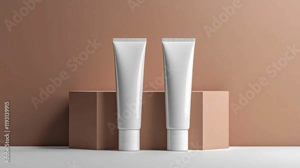 Fototapeta This image features two elegant white cosmetic tubes placed on minimalistic beige blocks, showcasing a modern design suitable for skincare or makeup.