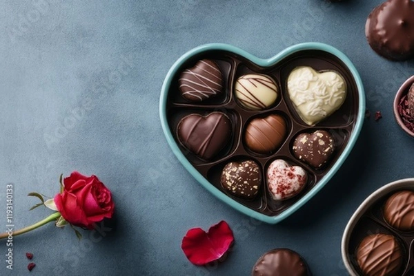 Fototapeta A heart-shaped box of assorted chocolates with vibrant flavors and decorative patterns, surrounded by rose petals