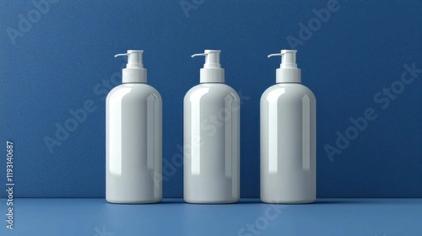 Fototapeta Three sleek white plastic bottles with pumps arranged in a row against a blue textured background, ideal for skincare or beauty products.